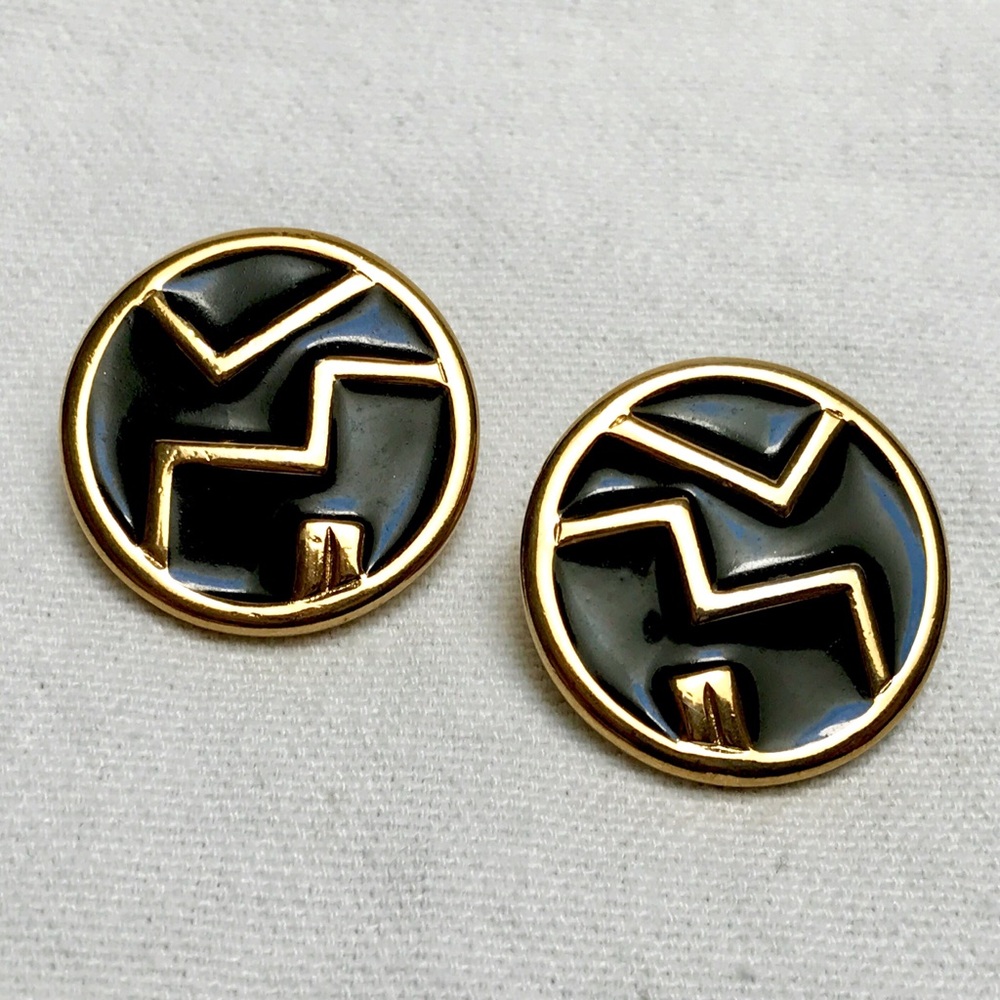 Vintage MONET Earrings Pierced Black Enamel Gold Tone Memphis Style 80s 90s